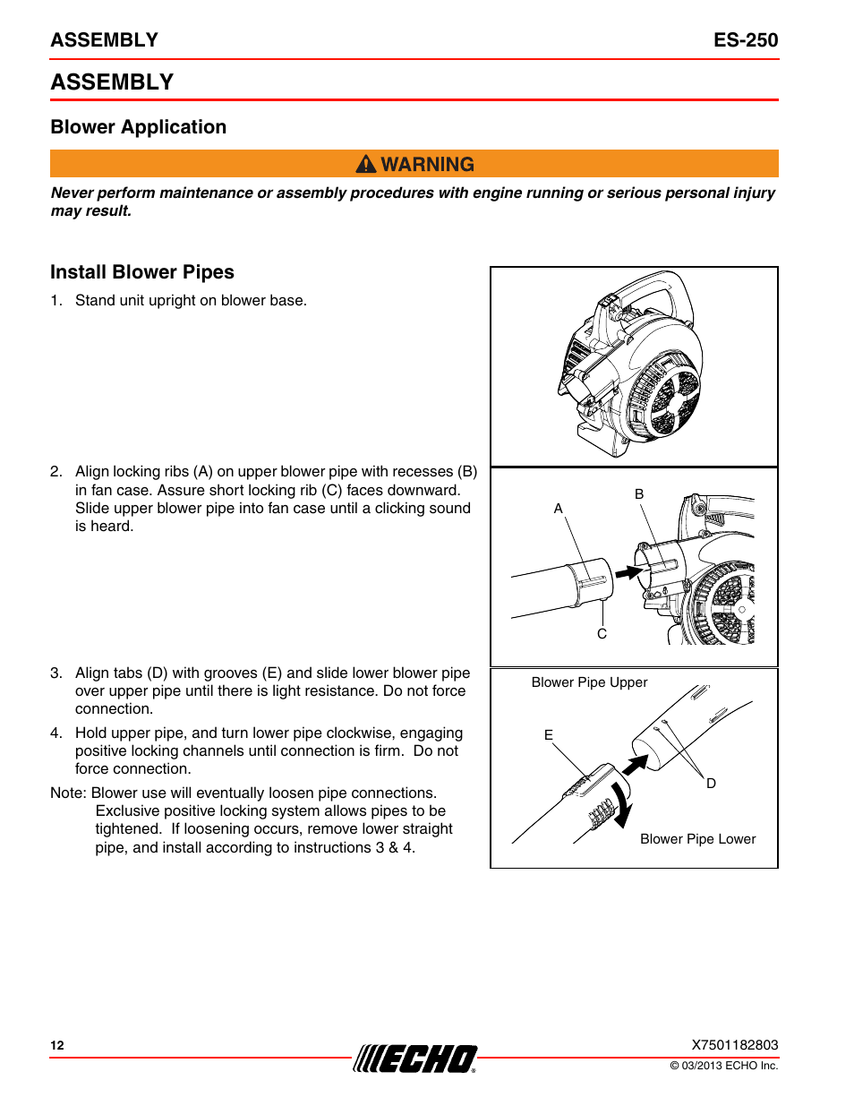 Assembly, Blower application, Install blower pipes | Assembly es-250 | Echo ES-250 User Manual | Page 12 / 36