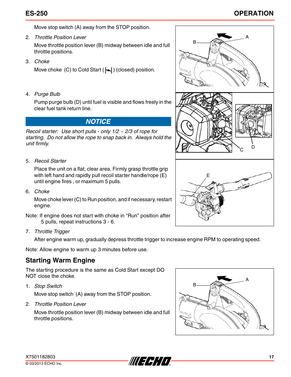 Starting warm engine, Es-250 operation | Echo ES-250 User Manual | Page 17 / 36