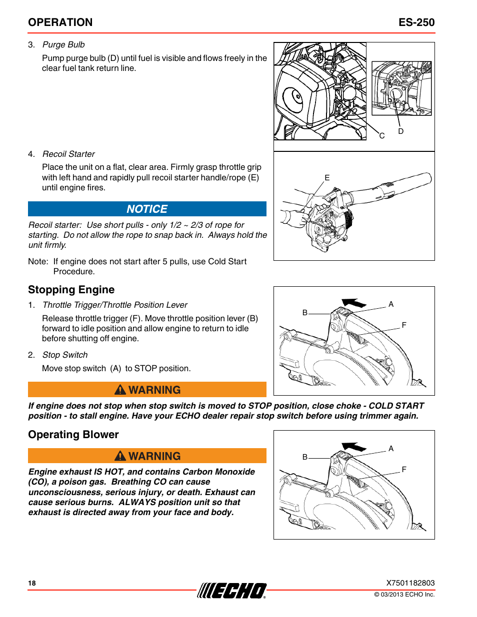 Stopping engine, Operating blower, Operation es-250 | Echo ES-250 User Manual | Page 18 / 36