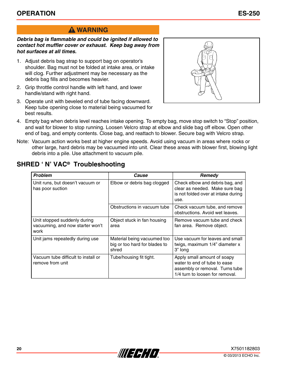 Shred ‘ n’ vac® troubleshooting, Operation es-250, Shred ‘ n’ vac | Troubleshooting | Echo ES-250 User Manual | Page 20 / 36
