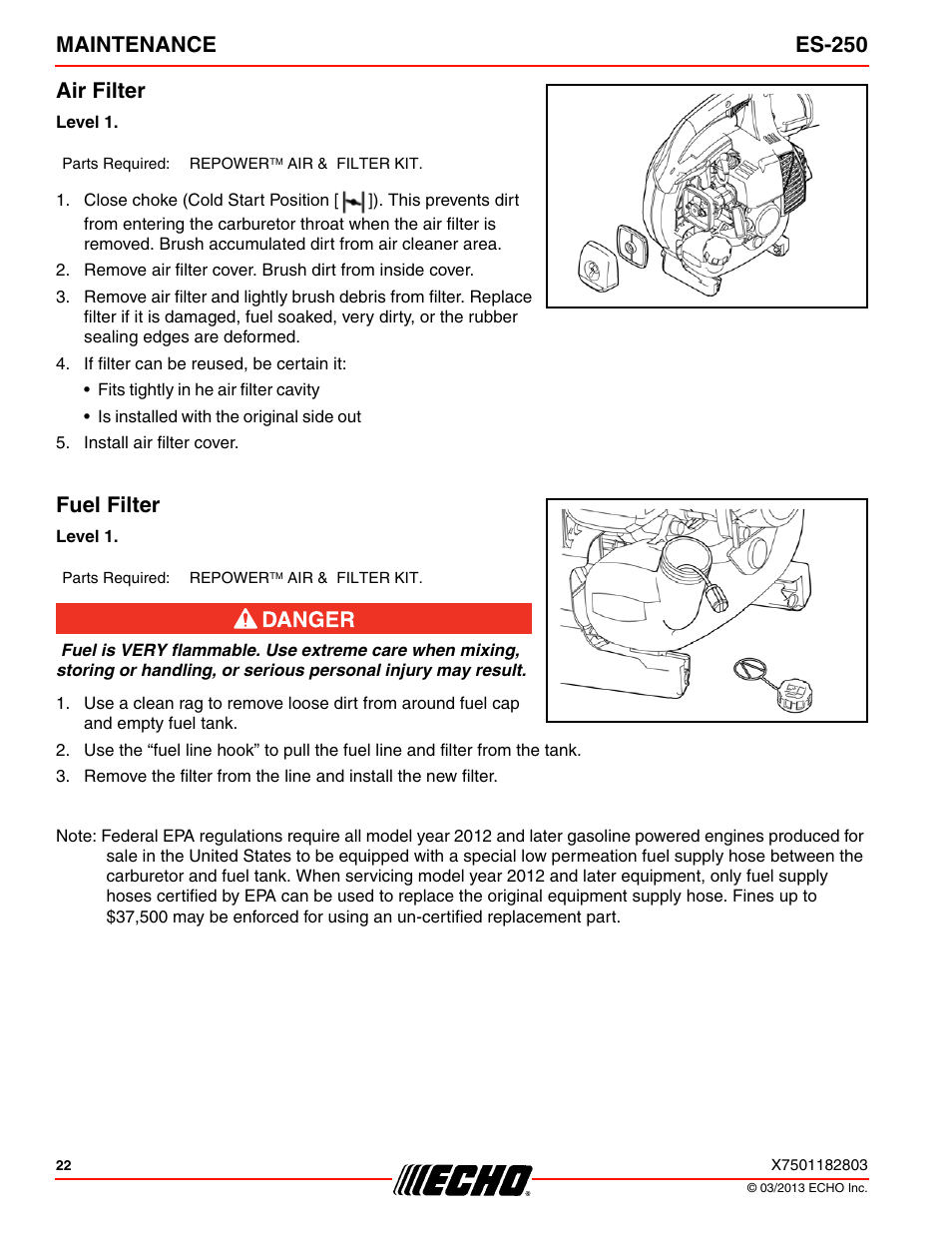 Air filter, Fuel filter, Maintenance es-250 air filter | Echo ES-250 User Manual | Page 22 / 36