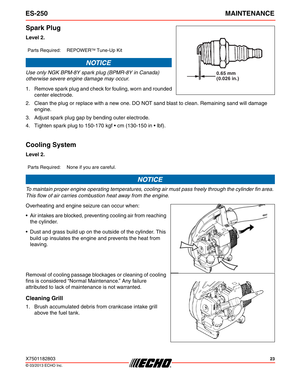 Spark plug, Cooling system, Cleaning grill | Es-250 maintenance | Echo ES-250 User Manual | Page 23 / 36