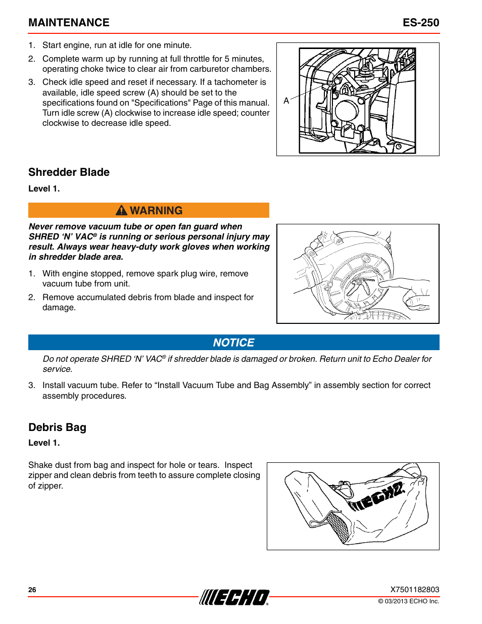 Shredder blade, Debris bag, Maintenance es-250 | Echo ES-250 User Manual | Page 26 / 36