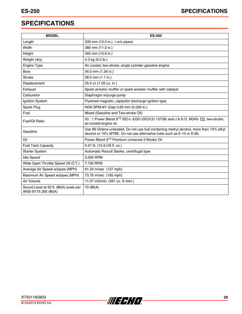 Specifications, Es-250 specifications | Echo ES-250 User Manual | Page 29 / 36