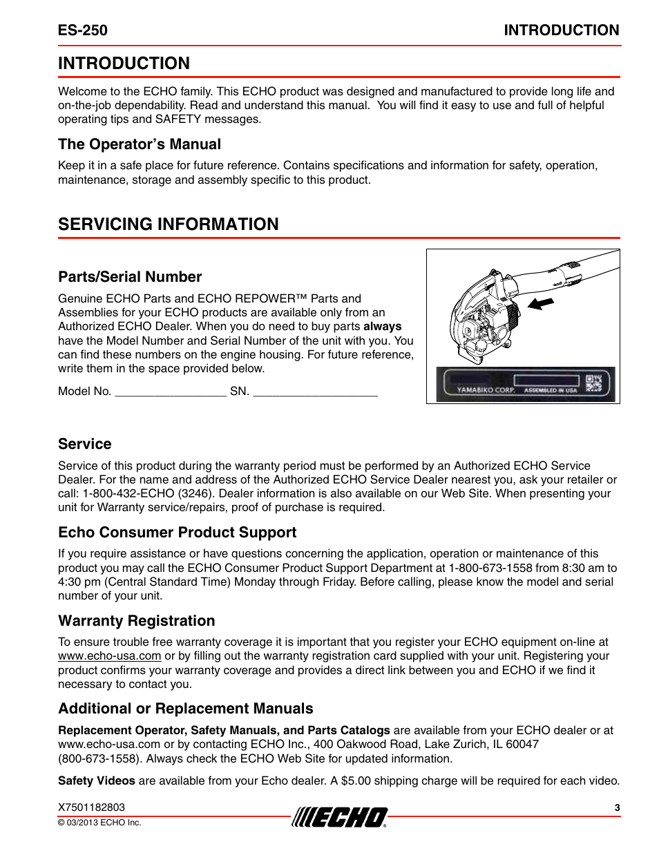 Introduction, The operator’s manual, Servicing information | Parts/serial number, Service, Echo consumer product support, Warranty registration, Additional or replacement manuals | Echo ES-250 User Manual | Page 3 / 36