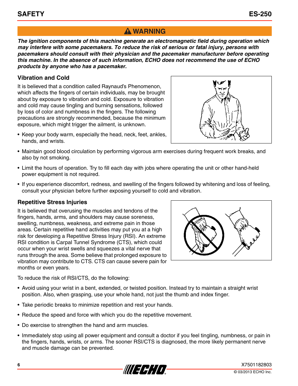 Vibration and cold, Repetitive stress injuries, Safety es-250 | Echo ES-250 User Manual | Page 6 / 36