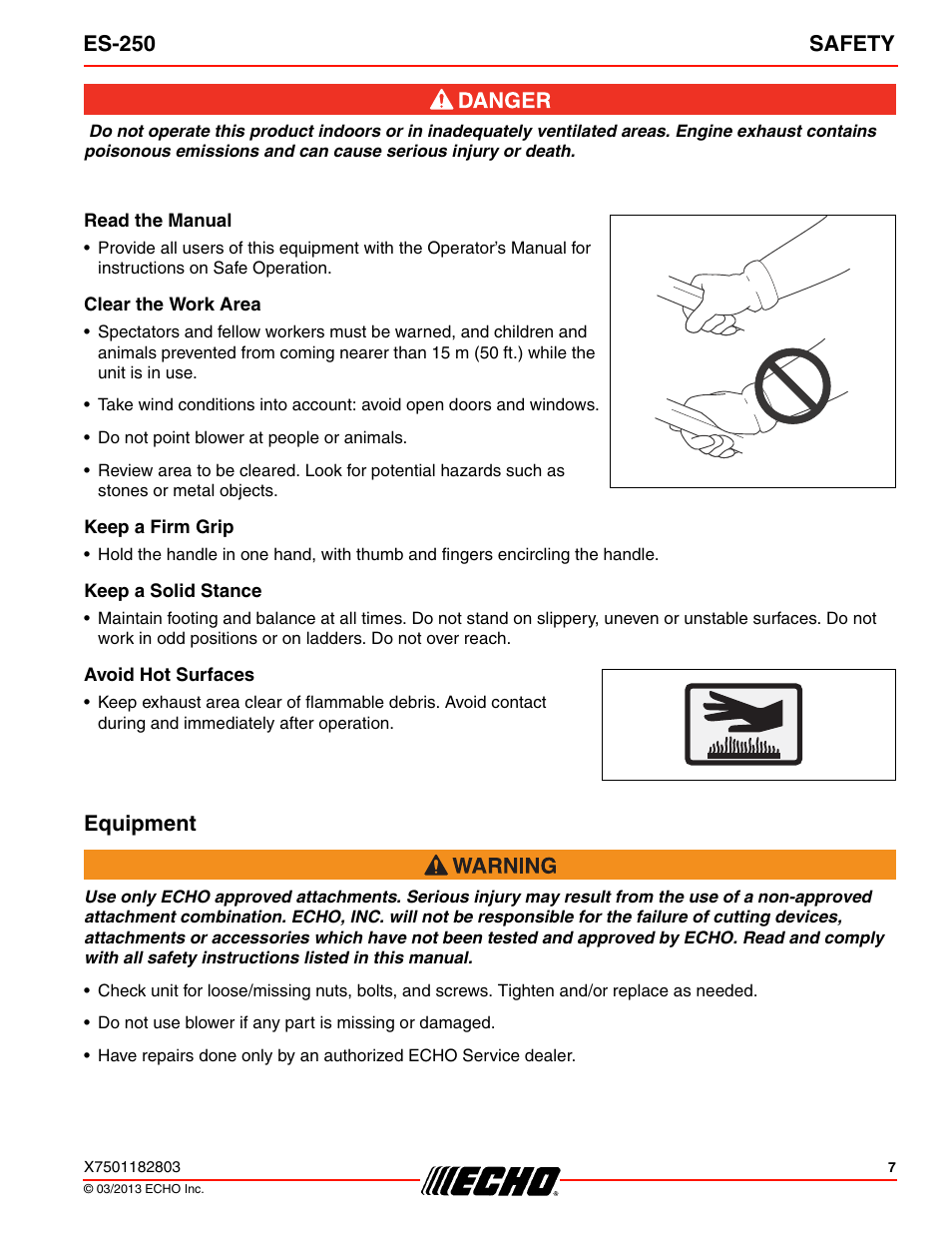 Read the manual, Clear the work area, Keep a firm grip | Keep a solid stance, Avoid hot surfaces, Equipment, Es-250 safety | Echo ES-250 User Manual | Page 7 / 36