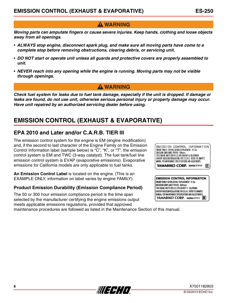 Emission control (exhaust & evaporative), Epa 2010 and later and/or c.a.r.b. tier iii, Emission control (exhaust & evaporative) es-250 | Echo ES-250 User Manual | Page 8 / 36