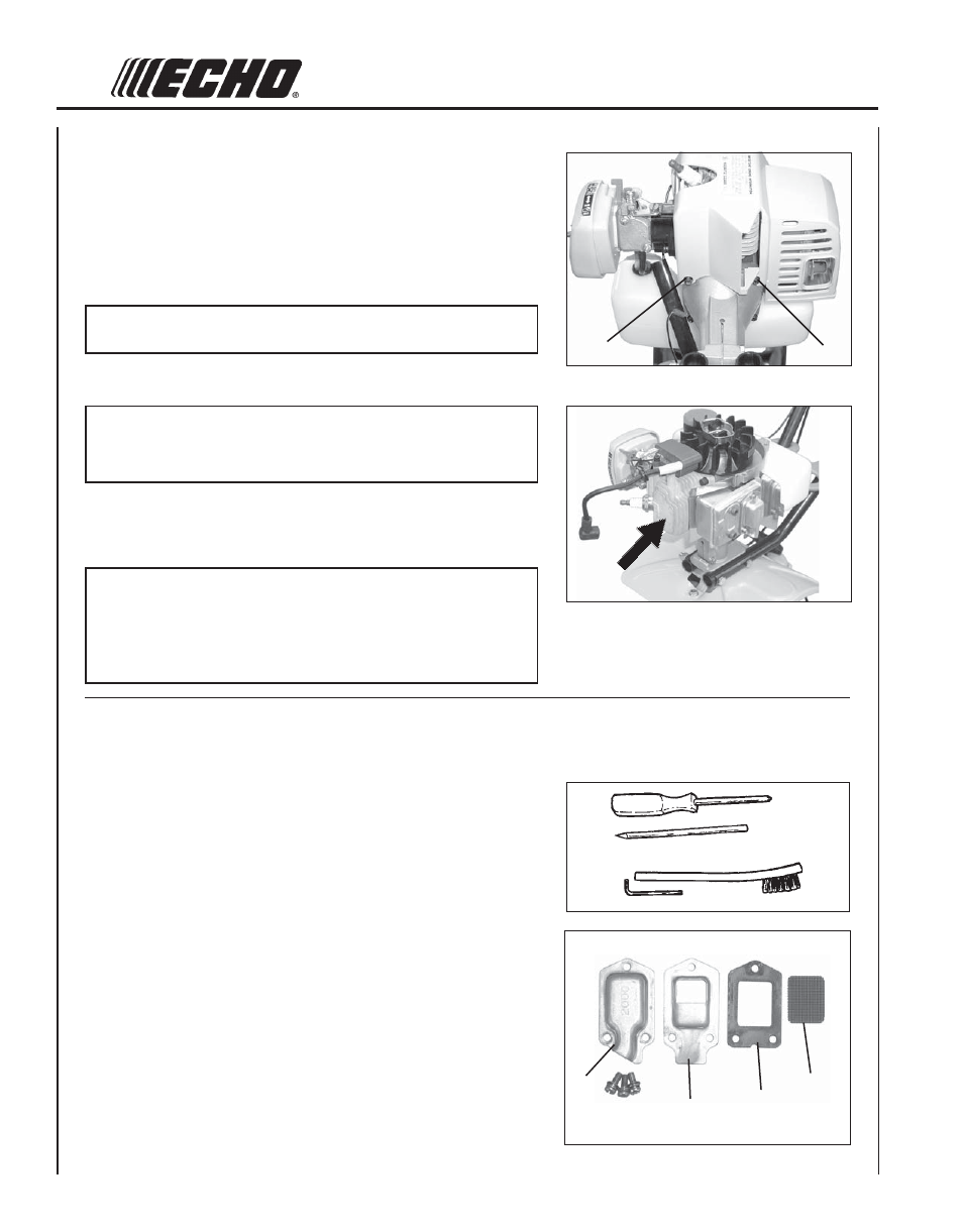 Cylinder exhaust port, Spark arrestor screen | Echo TC-210 Serial 05001001 - 05999999 User Manual | Page 18 / 24