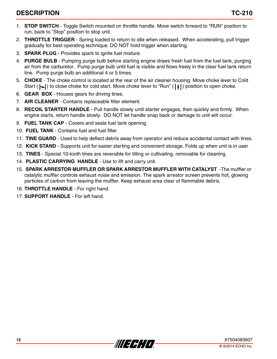 Description tc-210 | Echo TC-210 Serial E14712001001 - E14712999999 User Manual | Page 12 / 36