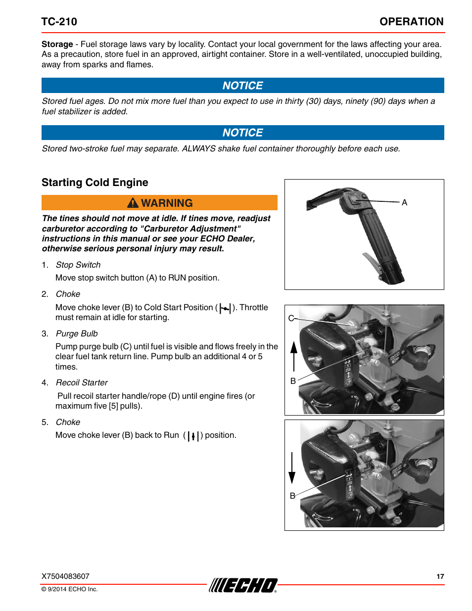 Starting cold engine, Tc-210 operation | Echo TC-210 Serial E14712001001 - E14712999999 User Manual | Page 17 / 36