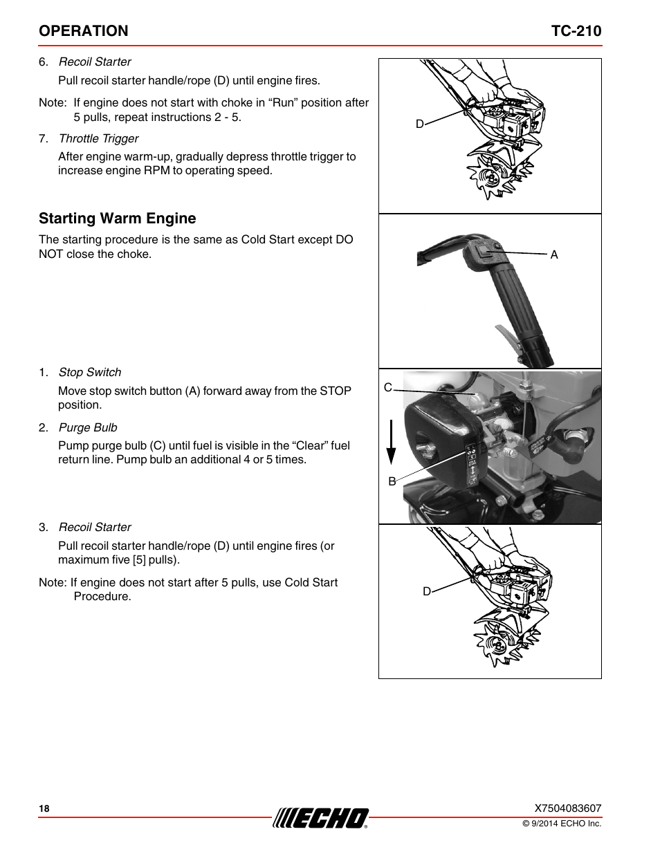 Starting warm engine, Operation tc-210 | Echo TC-210 Serial E14712001001 - E14712999999 User Manual | Page 18 / 36