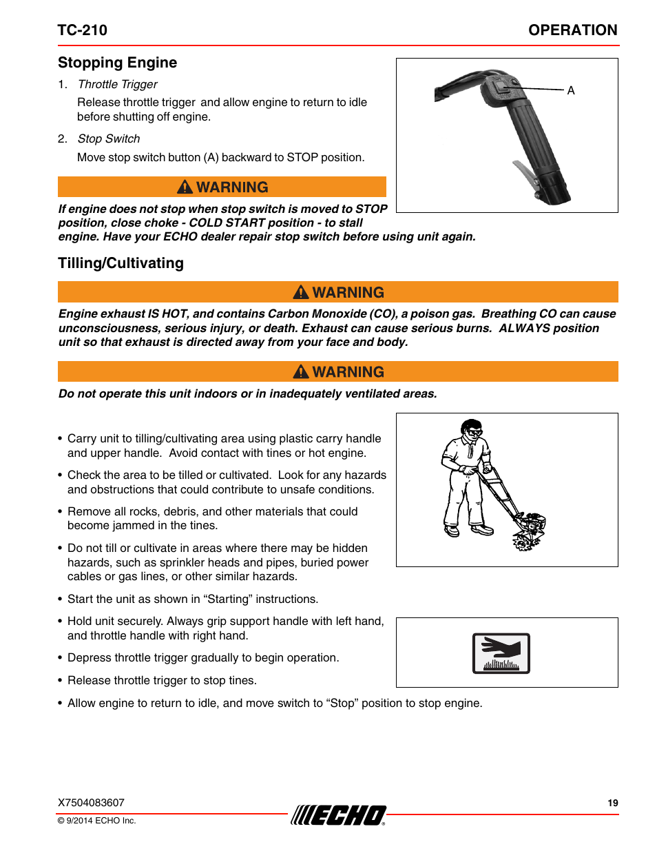 Stopping engine, Tilling/cultivating, Stopping engine tilling/cultivating | Tc-210 operation | Echo TC-210 Serial E14712001001 - E14712999999 User Manual | Page 19 / 36