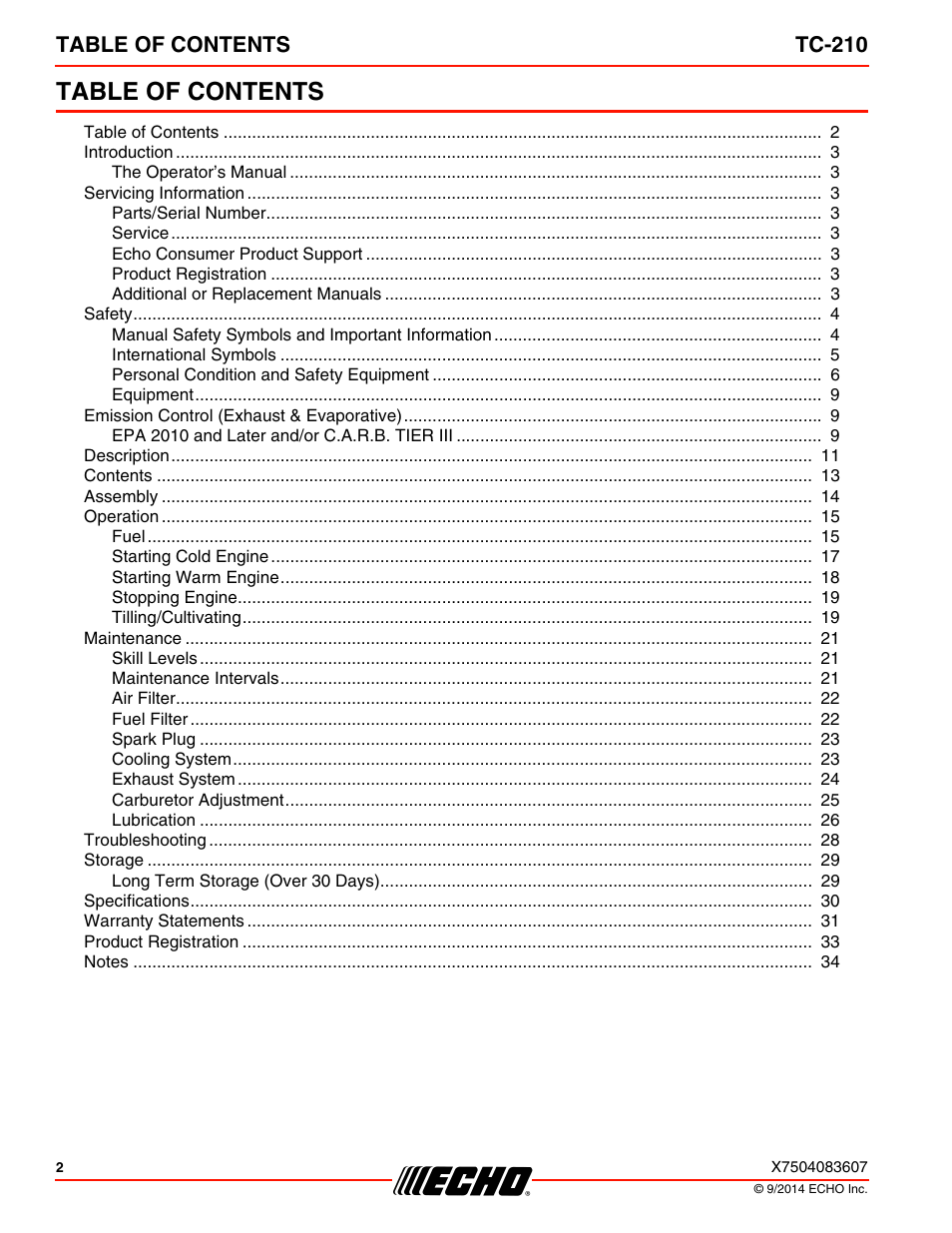 Echo TC-210 Serial E14712001001 - E14712999999 User Manual | Page 2 / 36