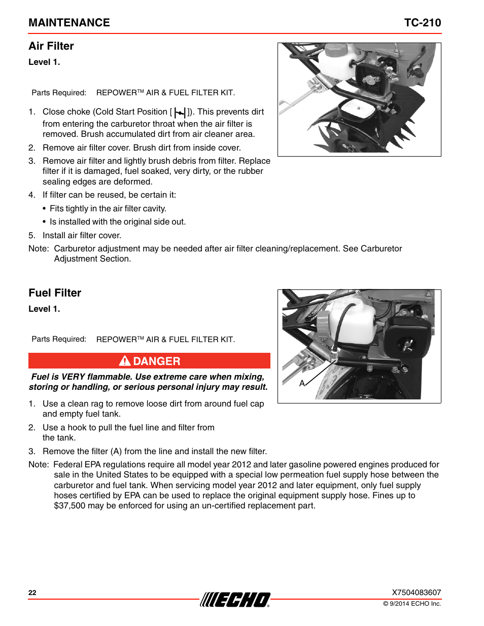 Air filter, Fuel filter, Air filter fuel filter | Maintenance tc-210 air filter | Echo TC-210 Serial E14712001001 - E14712999999 User Manual | Page 22 / 36