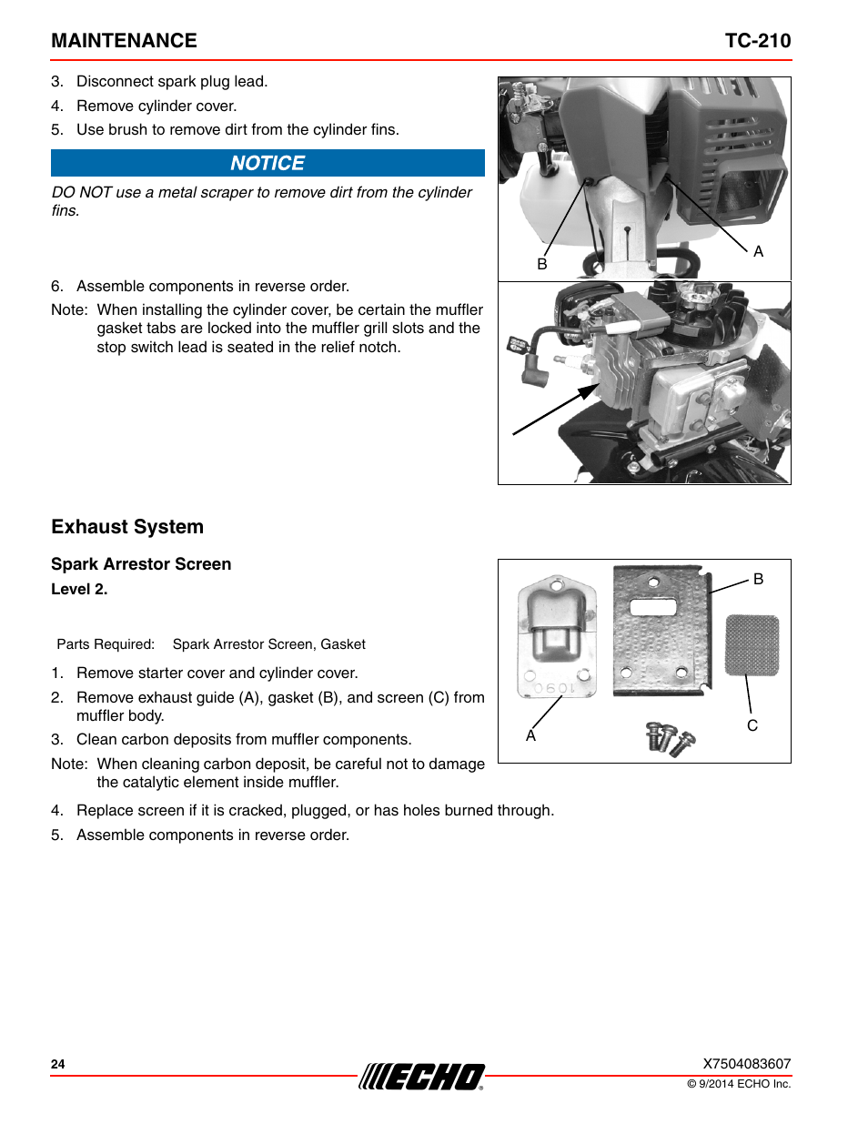 Exhaust system, Spark arrestor screen, Maintenance tc-210 | Echo TC-210 Serial E14712001001 - E14712999999 User Manual | Page 24 / 36