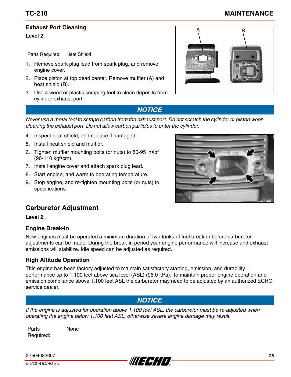 Exhaust port cleaning, Carburetor adjustment, Engine break-in | High altitude operation, Tc-210 maintenance | Echo TC-210 Serial E14712001001 - E14712999999 User Manual | Page 25 / 36