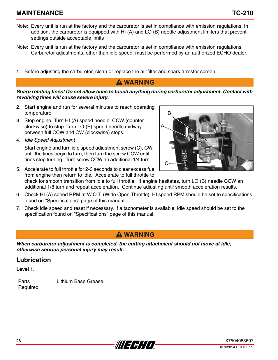 Lubrication, Maintenance tc-210 | Echo TC-210 Serial E14712001001 - E14712999999 User Manual | Page 26 / 36