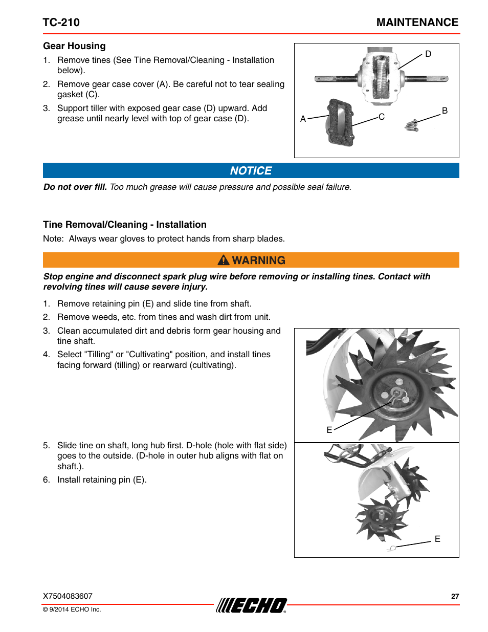 Gear housing, Tine removal/cleaning - installation, Tc-210 maintenance | Echo TC-210 Serial E14712001001 - E14712999999 User Manual | Page 27 / 36