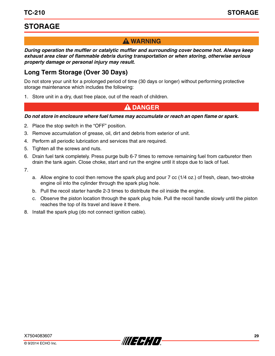 Storage, Long term storage (over 30 days), Tc-210 storage | Echo TC-210 Serial E14712001001 - E14712999999 User Manual | Page 29 / 36