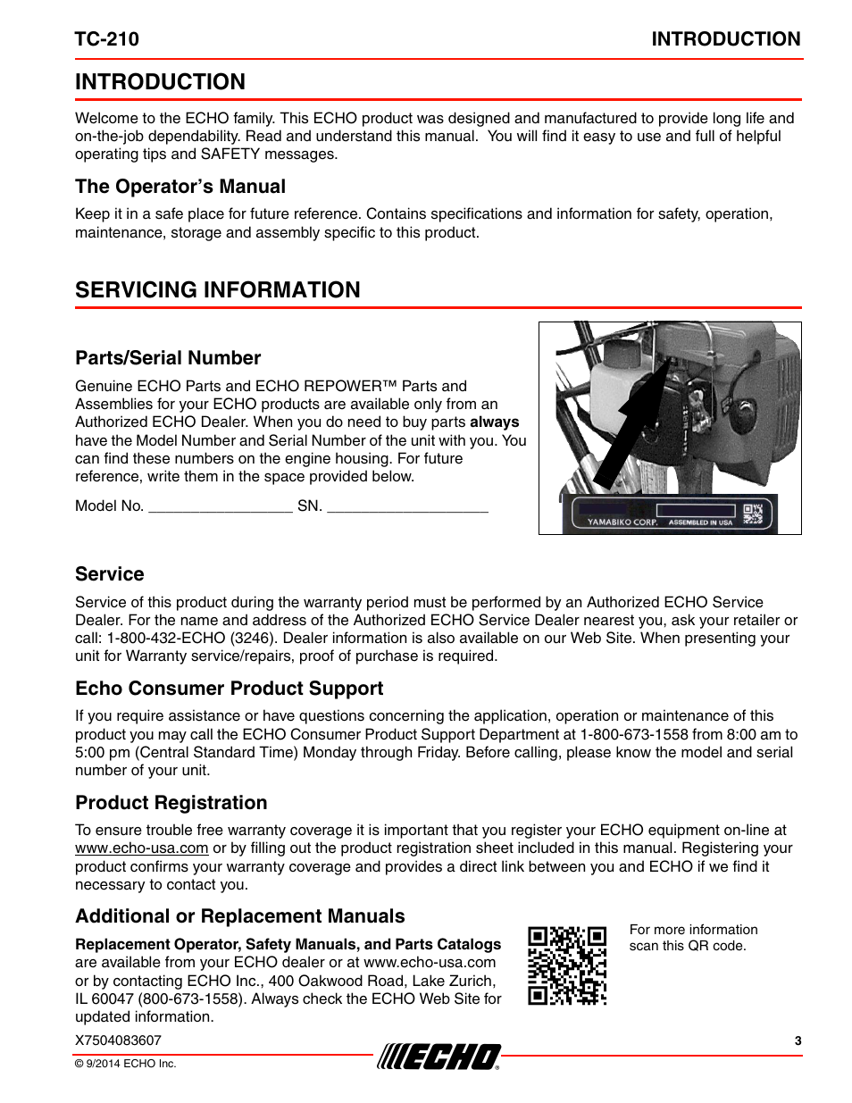 Introduction, The operator’s manual, Servicing information | Parts/serial number, Service, Echo consumer product support, Product registration, Additional or replacement manuals | Echo TC-210 Serial E14712001001 - E14712999999 User Manual | Page 3 / 36
