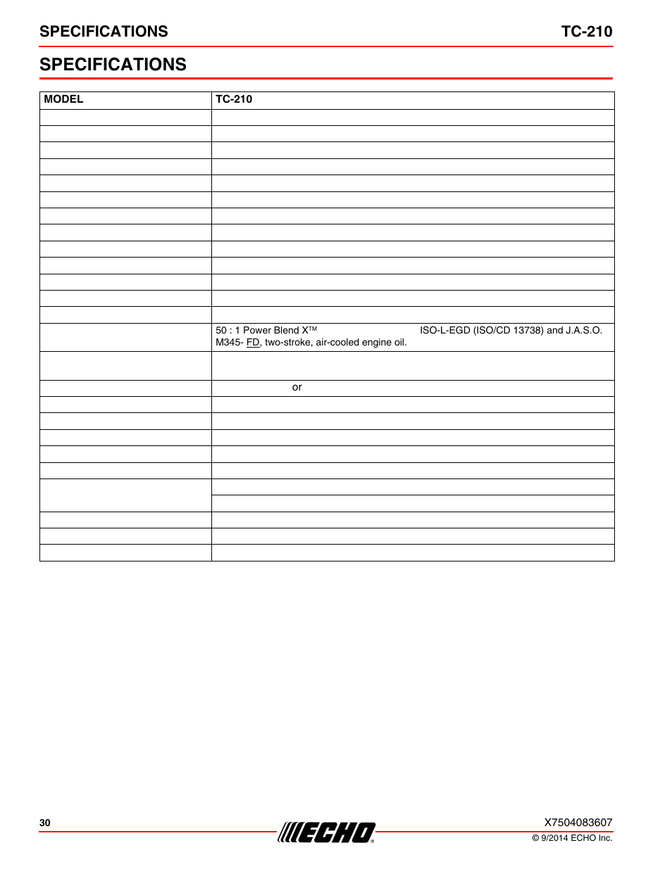 Specifications, Specifications tc-210 | Echo TC-210 Serial E14712001001 - E14712999999 User Manual | Page 30 / 36