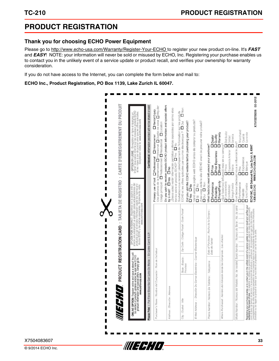 Product registration, Thank you for choosing echo power equipment, Tc-210 product registration | Echo TC-210 Serial E14712001001 - E14712999999 User Manual | Page 33 / 36