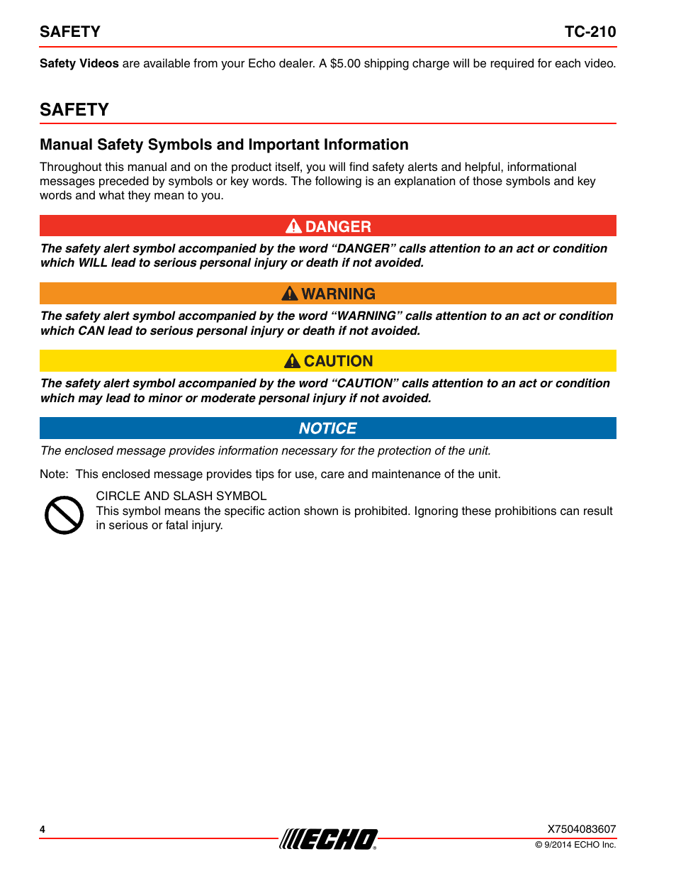 Safety, Manual safety symbols and important information | Echo TC-210 Serial E14712001001 - E14712999999 User Manual | Page 4 / 36