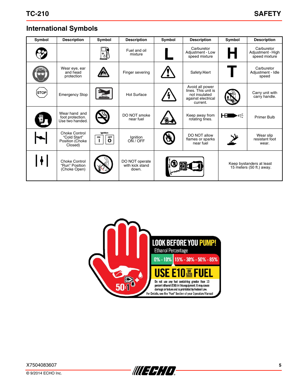 International symbols, Tc-210 safety | Echo TC-210 Serial E14712001001 - E14712999999 User Manual | Page 5 / 36