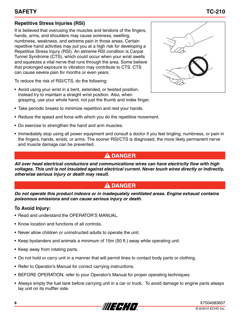 Repetitive stress injuries (rsi), To avoid injury, Safety tc-210 | Echo TC-210 Serial E14712001001 - E14712999999 User Manual | Page 8 / 36