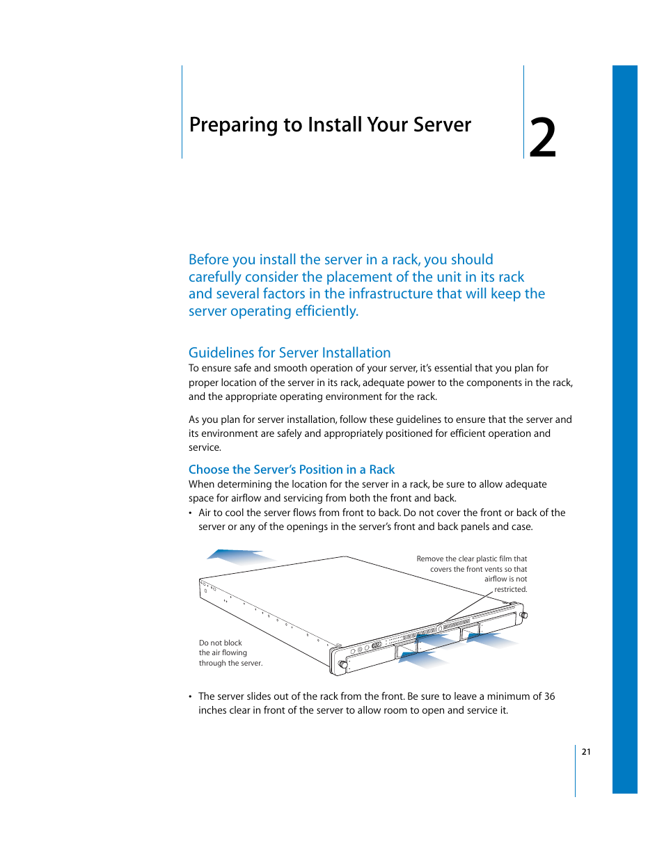 Preparing to install your server, Guidelines for server installation | Apple Xserve G5 User Manual | Page 21 / 96