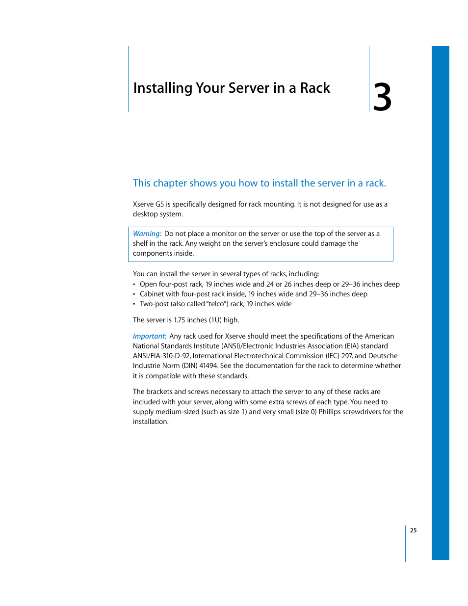Installing your server in a rack | Apple Xserve G5 User Manual | Page 25 / 96