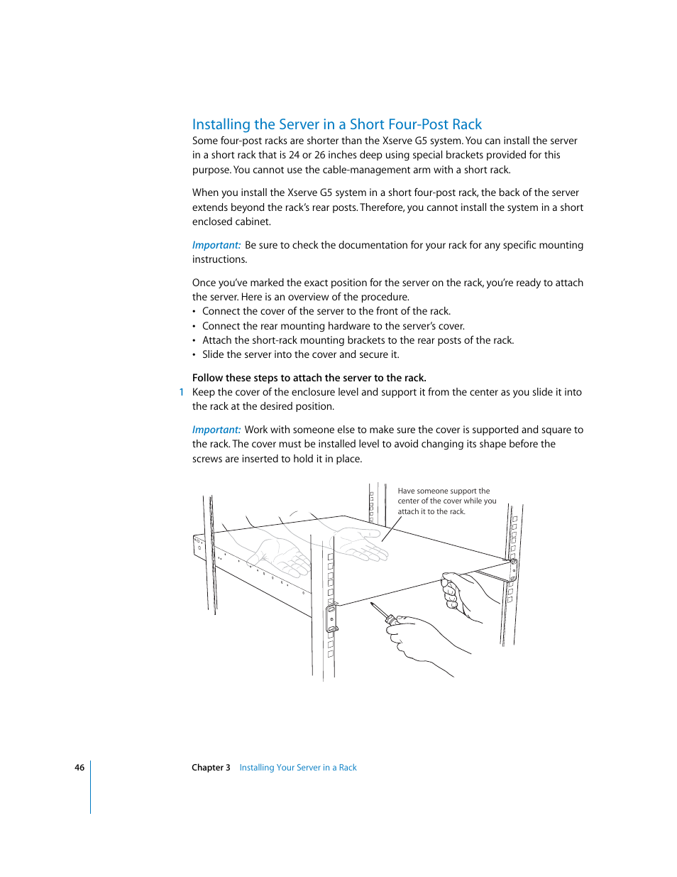 Installing the server in a short four-post rack | Apple Xserve G5 User Manual | Page 46 / 96