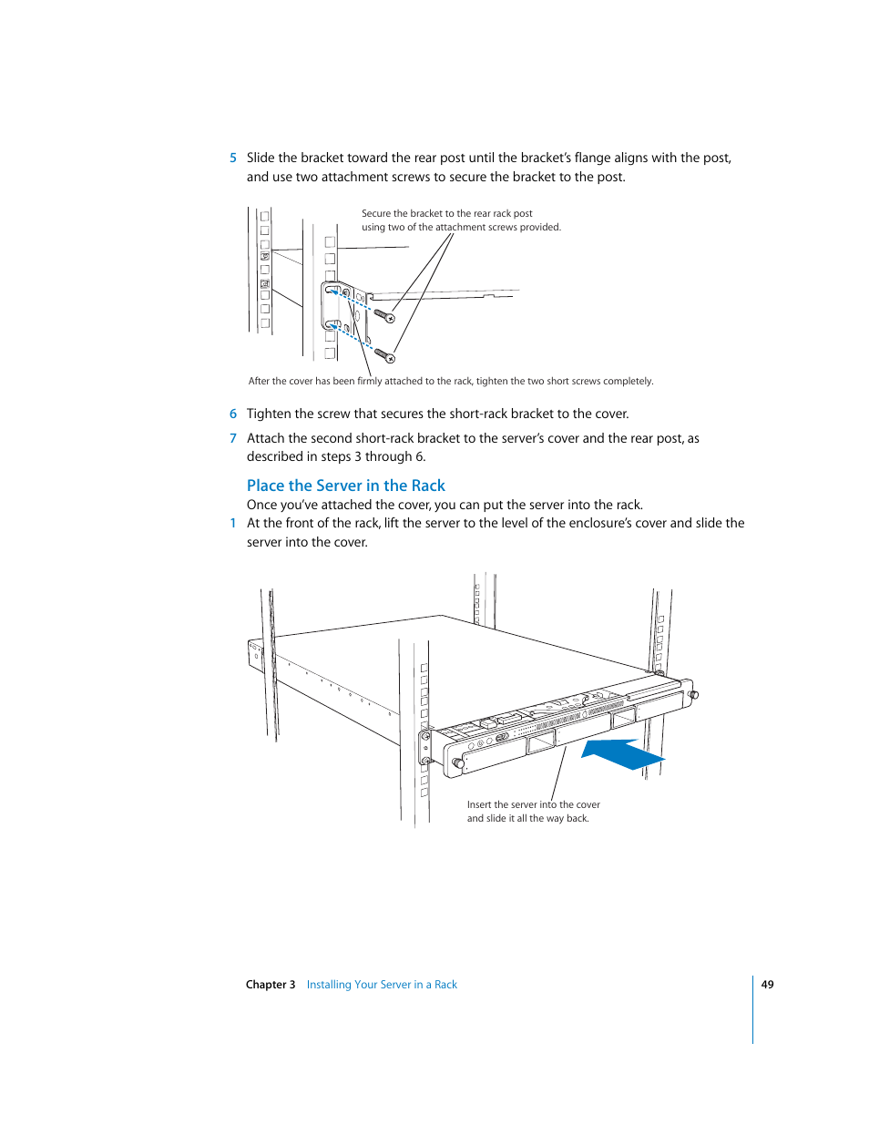 Place the server in the rack | Apple Xserve G5 User Manual | Page 49 / 96