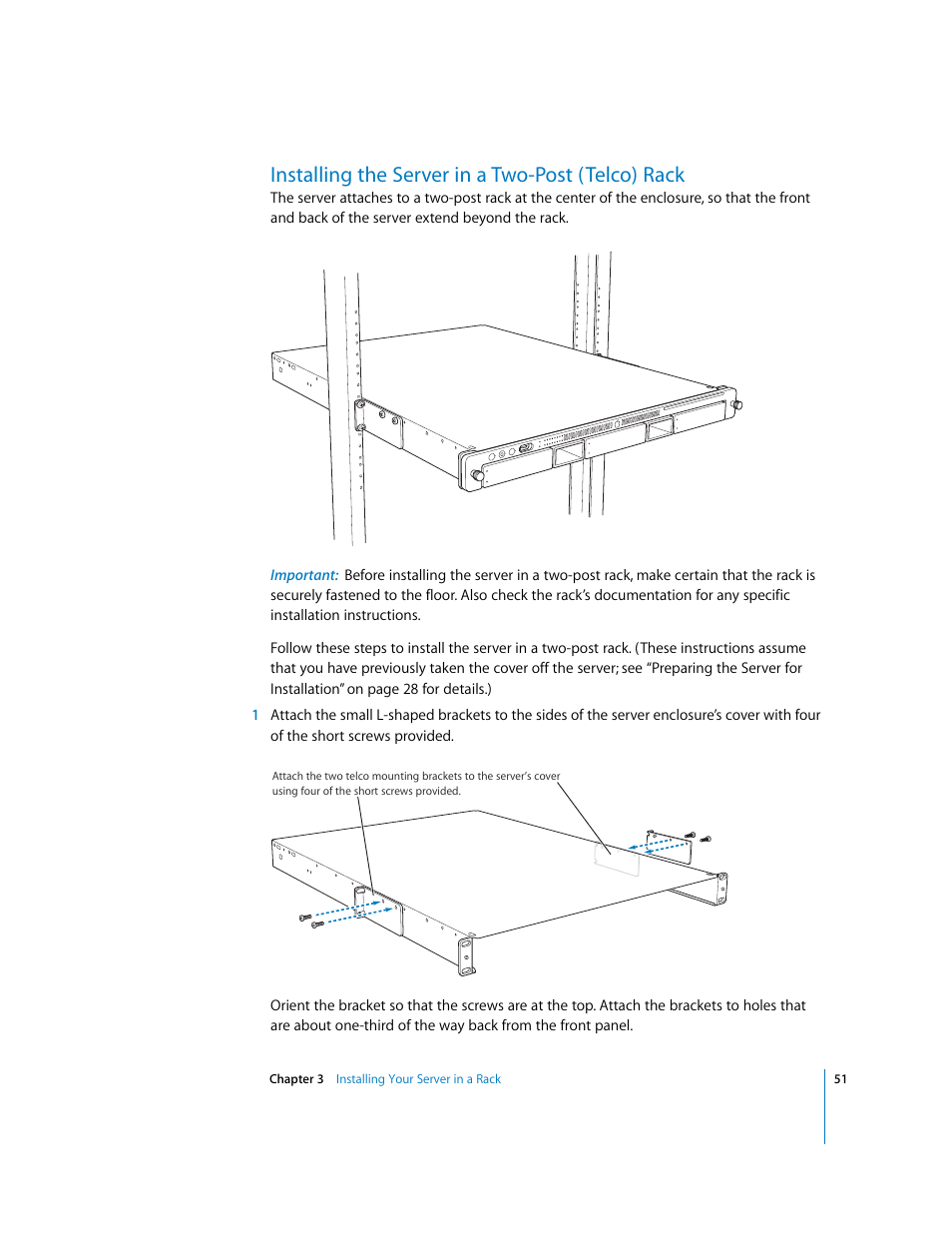 Installing the server in a two-post (telco) rack | Apple Xserve G5 User Manual | Page 51 / 96