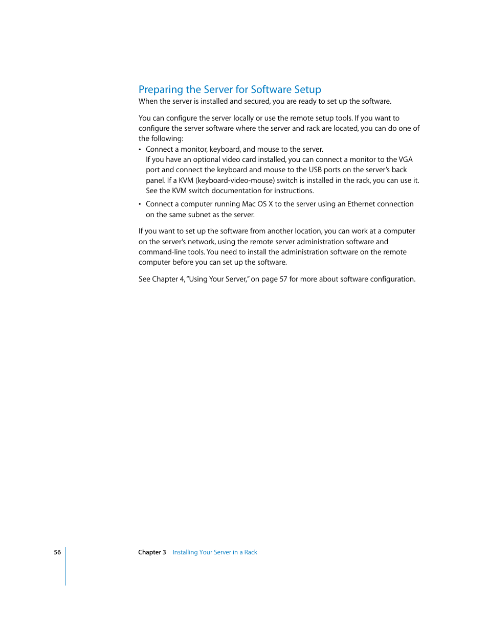Preparing the server for software setup | Apple Xserve G5 User Manual | Page 56 / 96