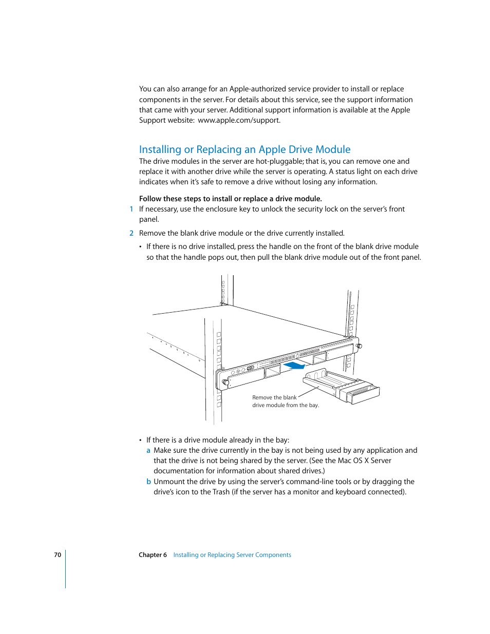Installing or replacing an apple drive module | Apple Xserve G5 User Manual | Page 70 / 96