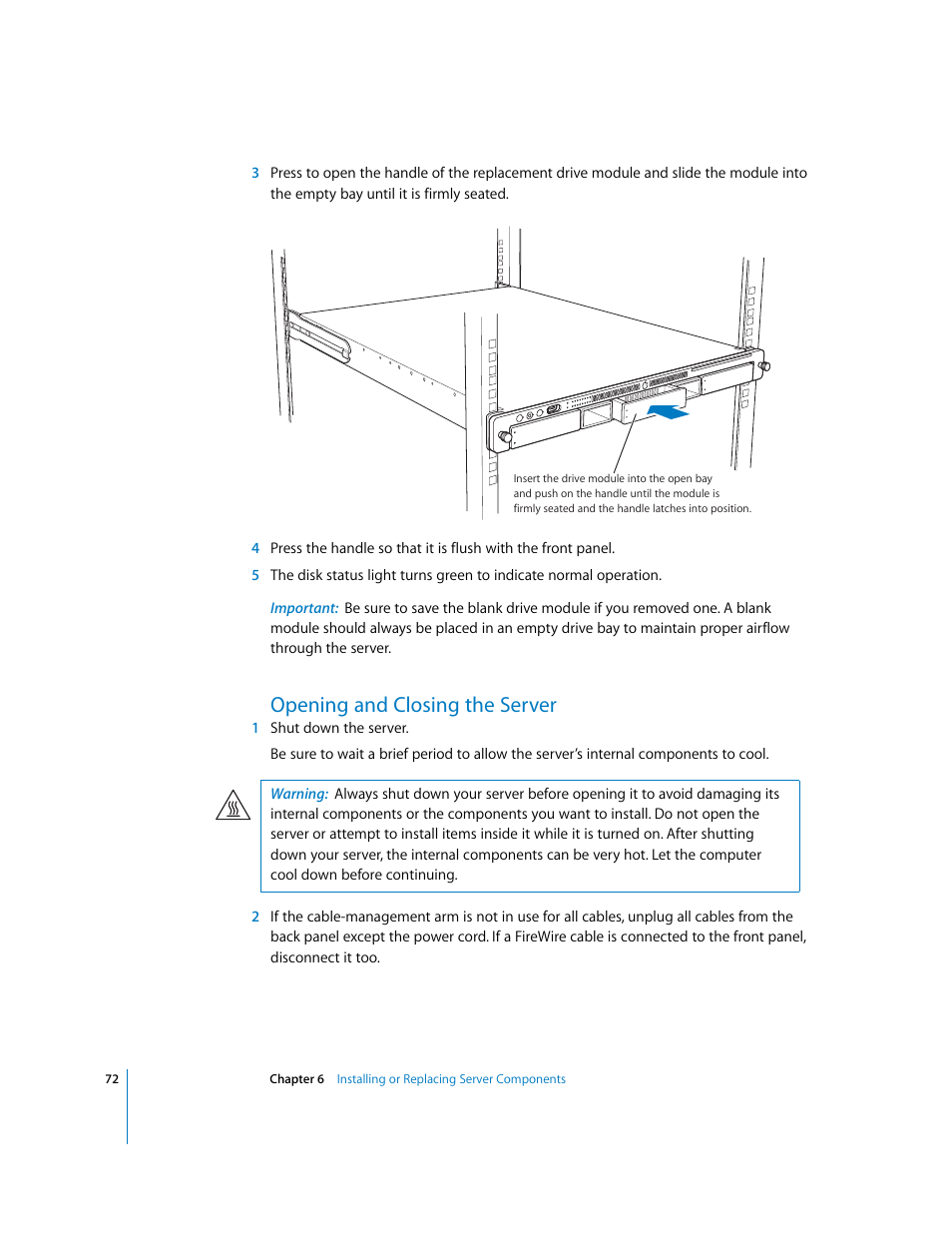 Opening and closing the server | Apple Xserve G5 User Manual | Page 72 / 96
