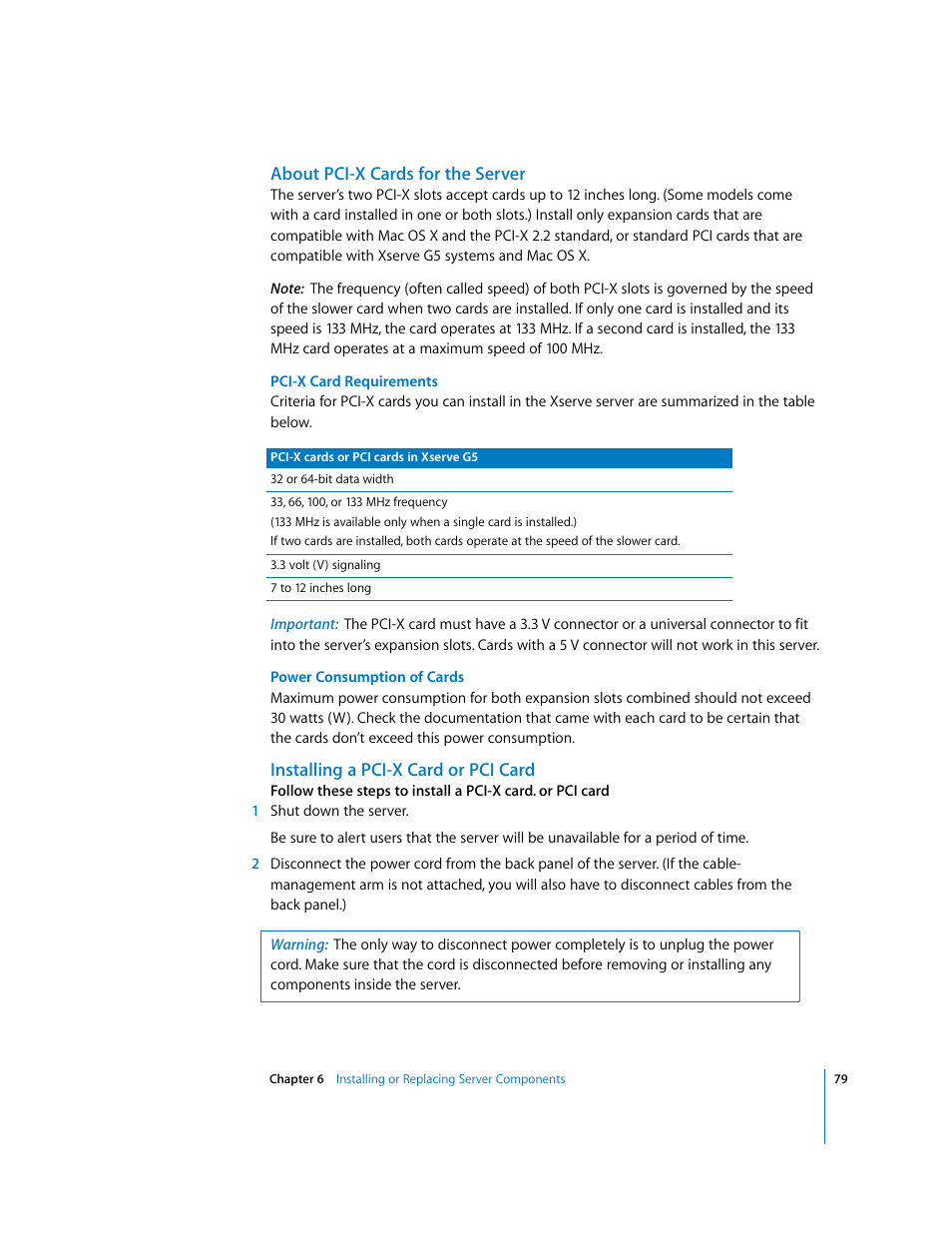 About pci-x cards for the server, Installing a pci-x card or pci card | Apple Xserve G5 User Manual | Page 79 / 96