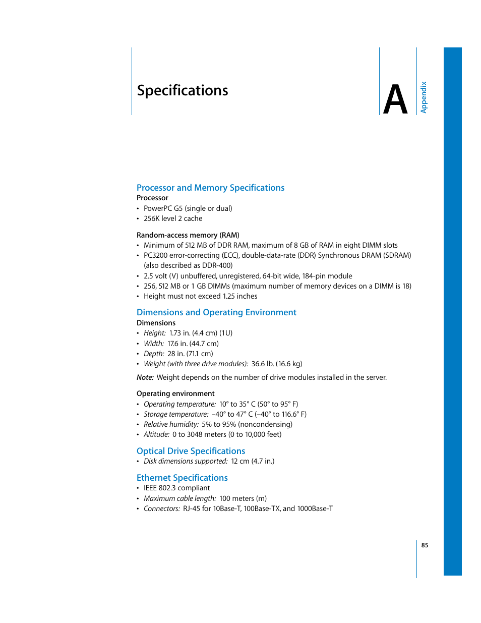 Specifications | Apple Xserve G5 User Manual | Page 85 / 96