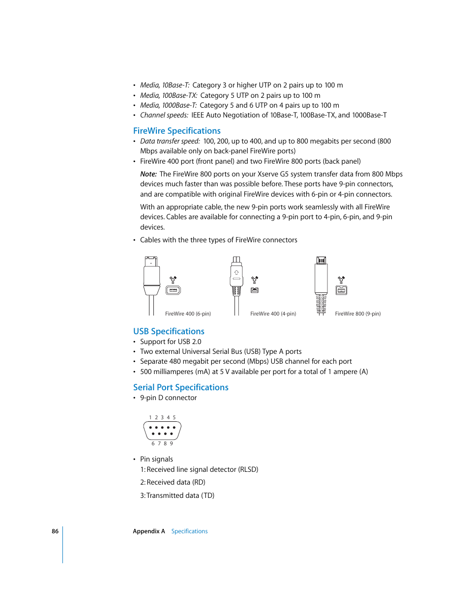Firewire specifications, Usb specifications, Serial port specifications | Apple Xserve G5 User Manual | Page 86 / 96