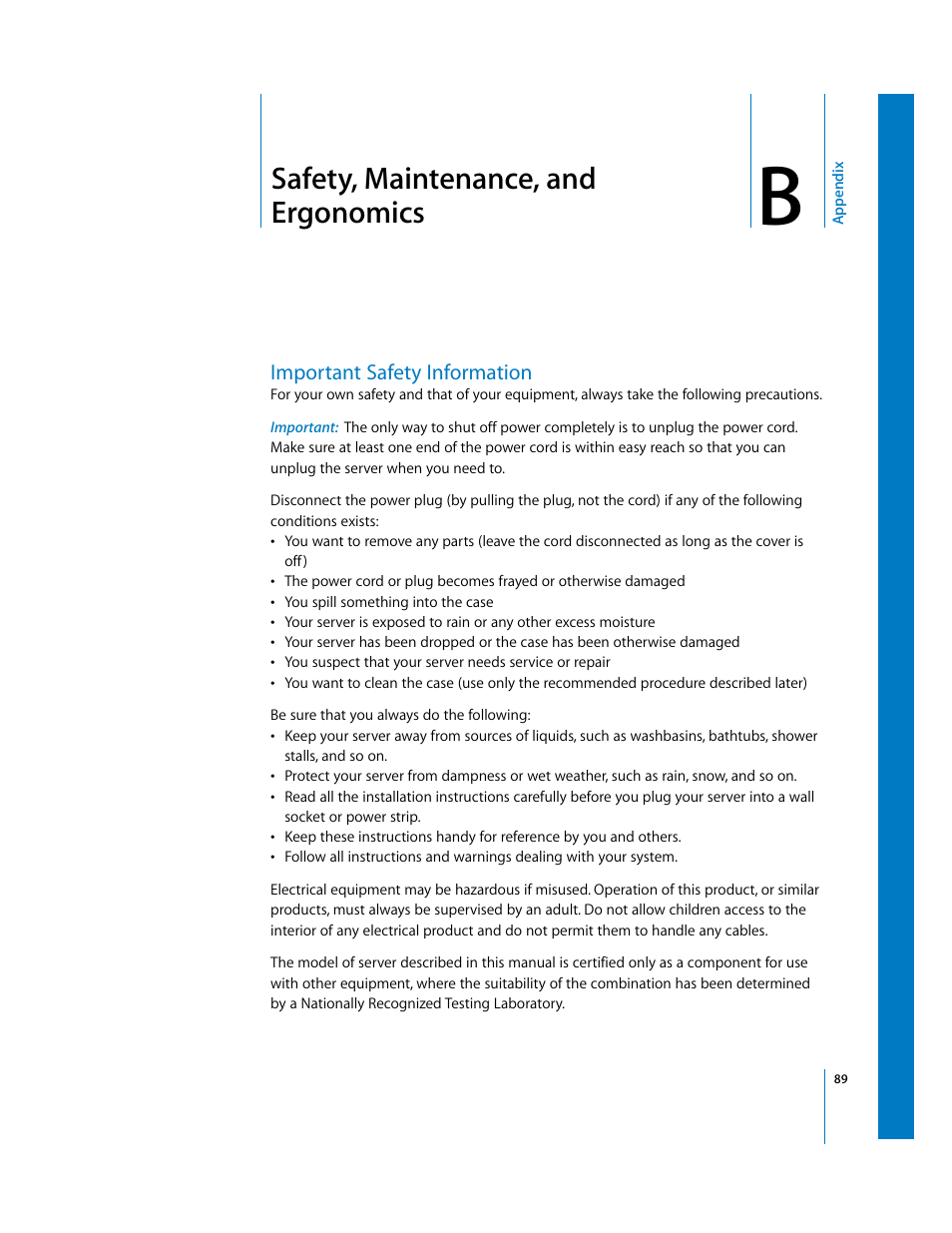 Safety, maintenance, and ergonomics, Important safety information | Apple Xserve G5 User Manual | Page 89 / 96