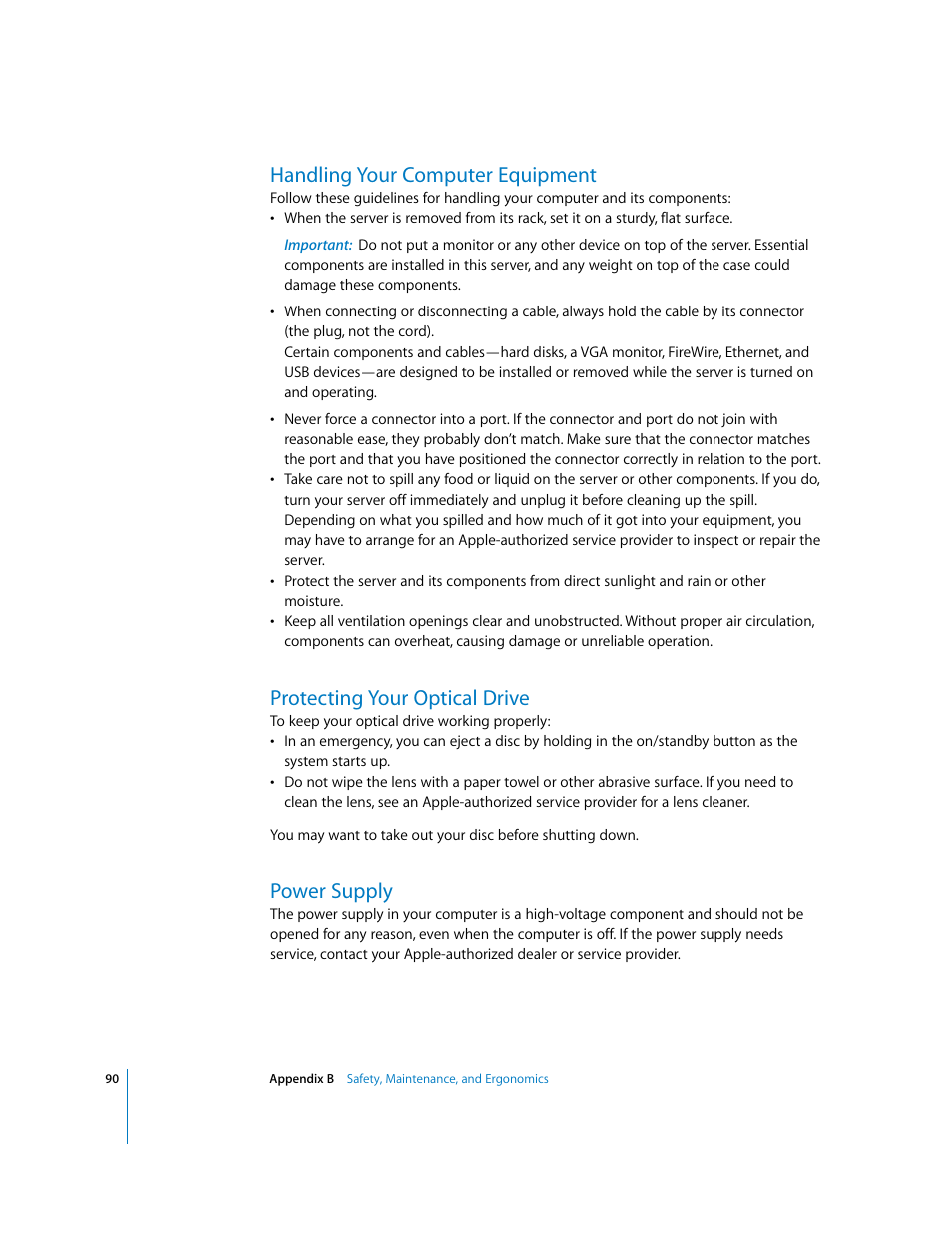 Handling your computer equipment, Protecting your optical drive, Power supply | Apple Xserve G5 User Manual | Page 90 / 96