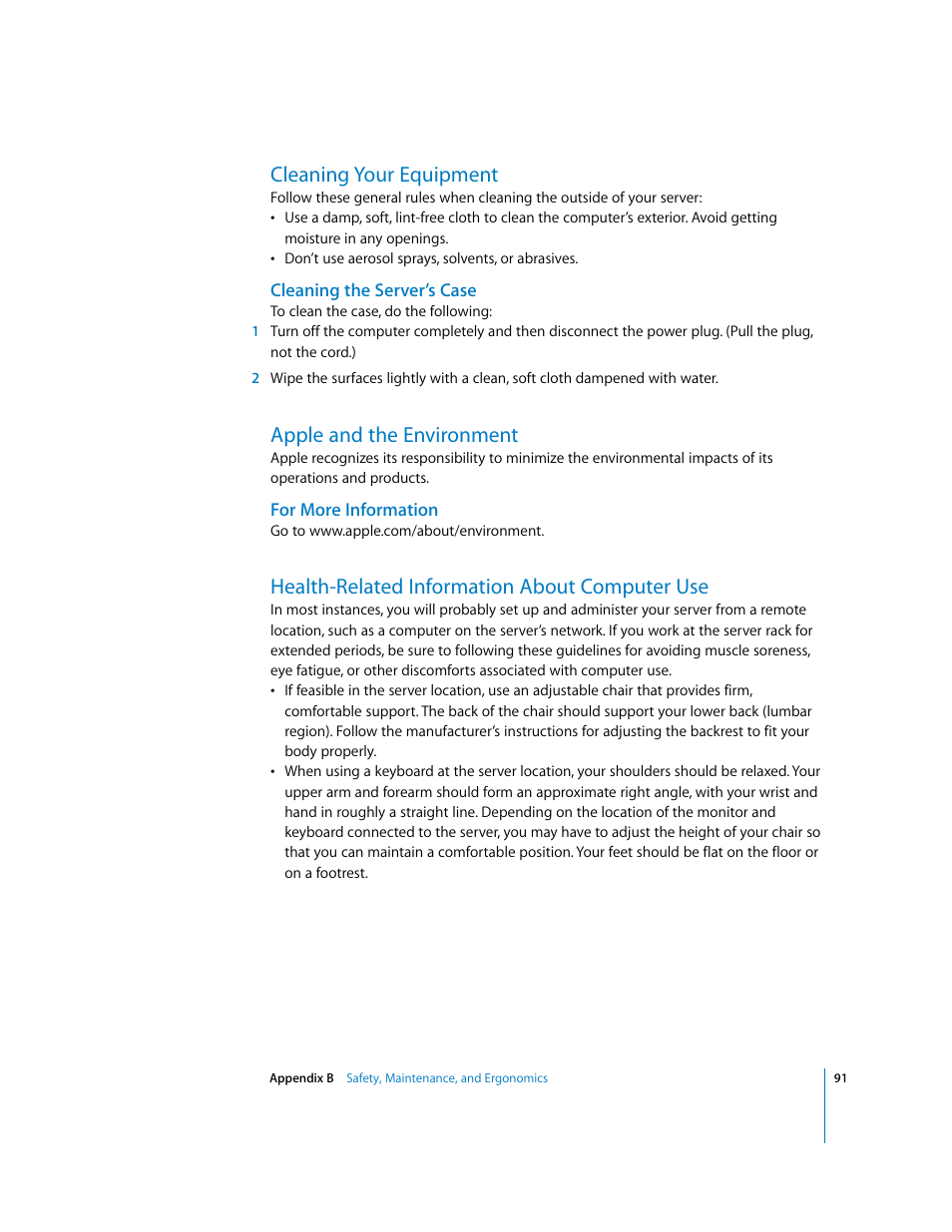 Cleaning your equipment, Apple and the environment, Health-related information about computer use | Apple Xserve G5 User Manual | Page 91 / 96