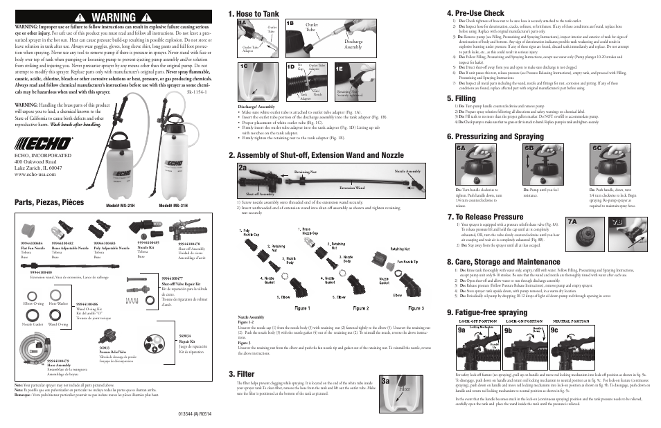 Warning, Parts, piezas, pièces, Assembly of shut-off, extension wand and nozzle | Filter, Pre-use check 5. filling, Care, storage and maintenance, Fatigue-free spraying, 3a 2a, Hose to tank, Pressurizing and spraying | Echo MS-31H User Manual | Page 3 / 3