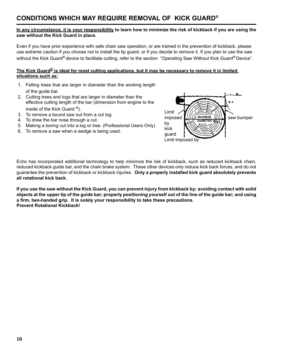 Conditions which may require removal of kick guard | Echo CHAIN SAW SAFETY MANUAL User Manual | Page 10 / 36