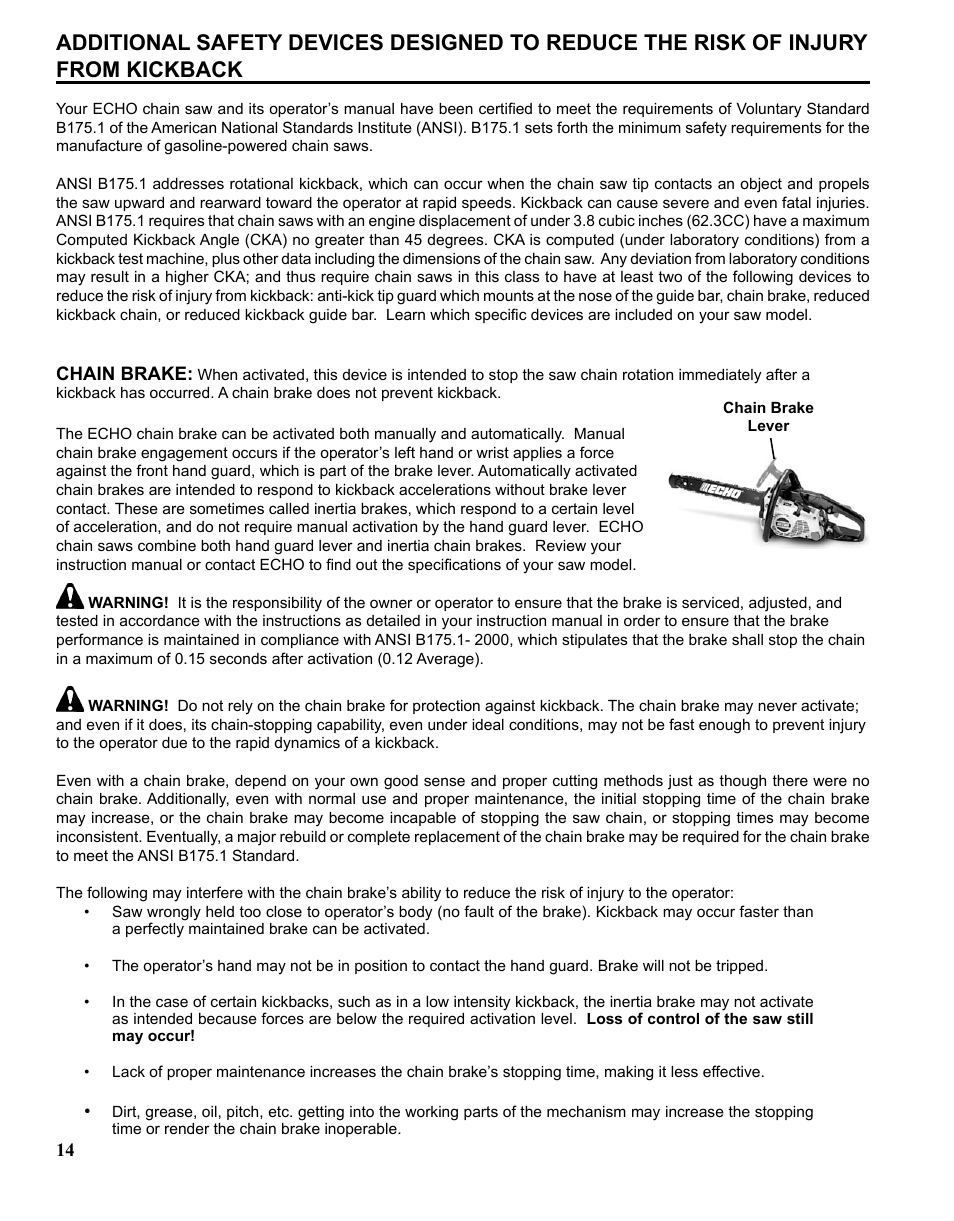 Echo CHAIN SAW SAFETY MANUAL User Manual | Page 14 / 36