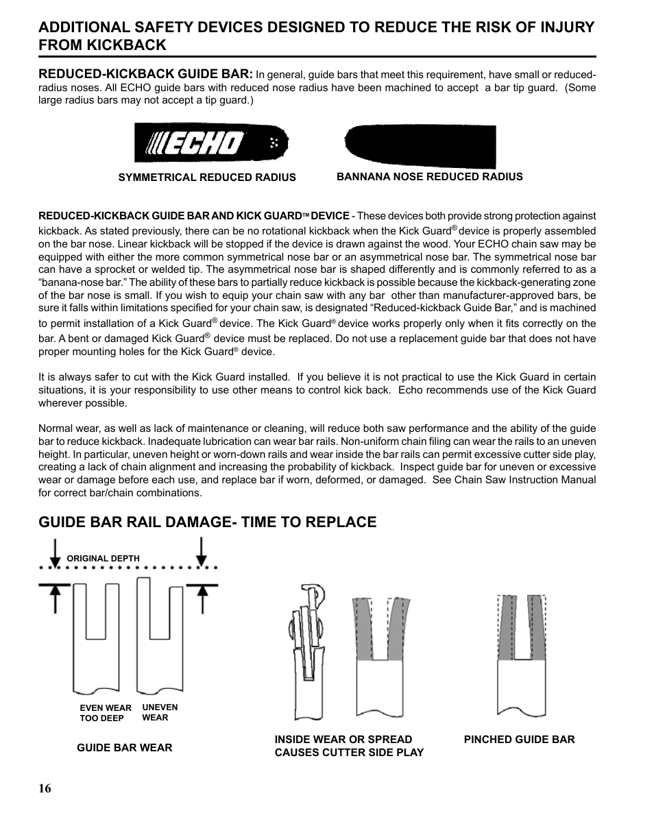 Guide bar rail damage- time to replace, 16 reduced-kickback guide bar | Echo CHAIN SAW SAFETY MANUAL User Manual | Page 16 / 36