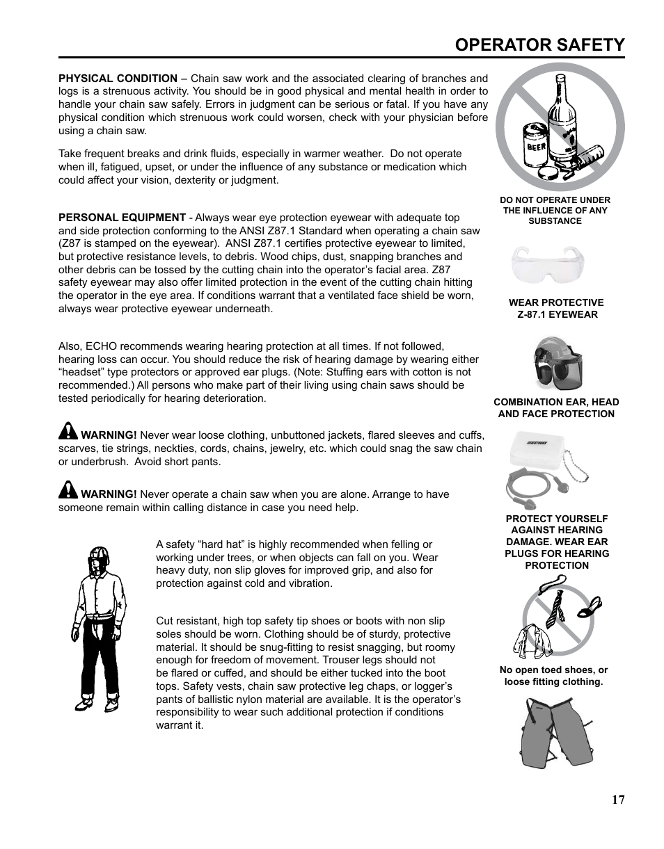 Operator safety | Echo CHAIN SAW SAFETY MANUAL User Manual | Page 17 / 36