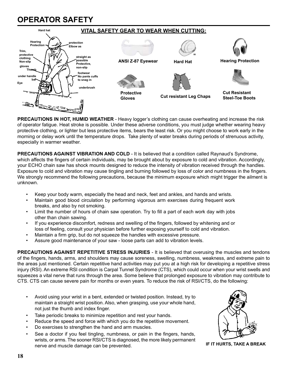 Operator safety, Vital safety gear to wear when cutting | Echo CHAIN SAW SAFETY MANUAL User Manual | Page 18 / 36